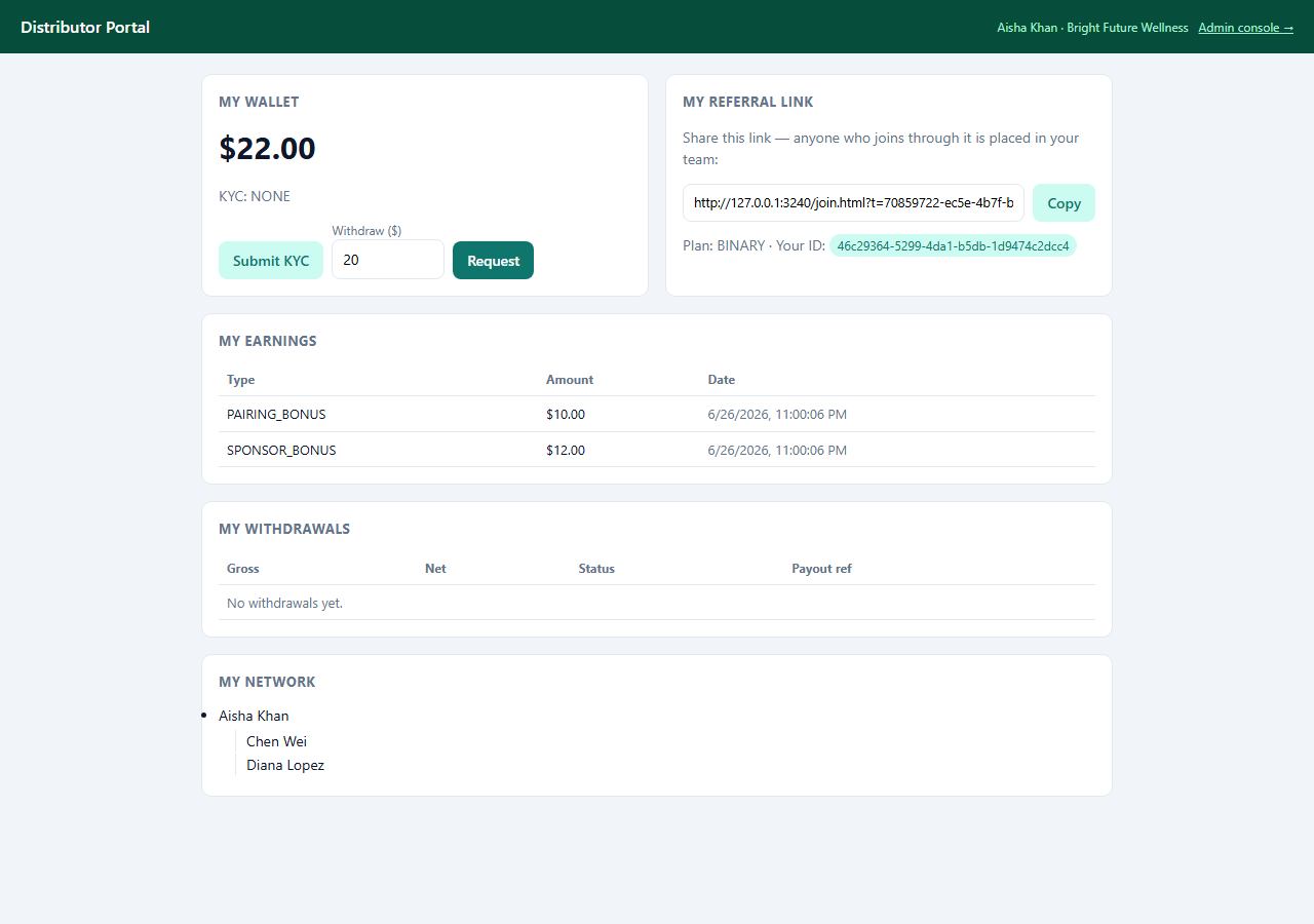 Distributor portal with referral link